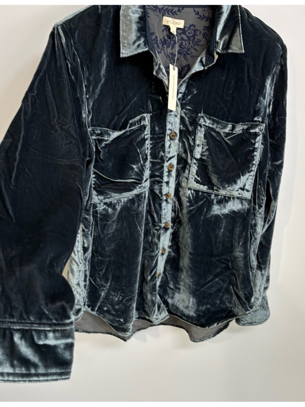 NWT Anthropologie Pilcro Hadley Luxe Velvet Relaxed Buttondown Shirt in Slate - Picture 4 of 7